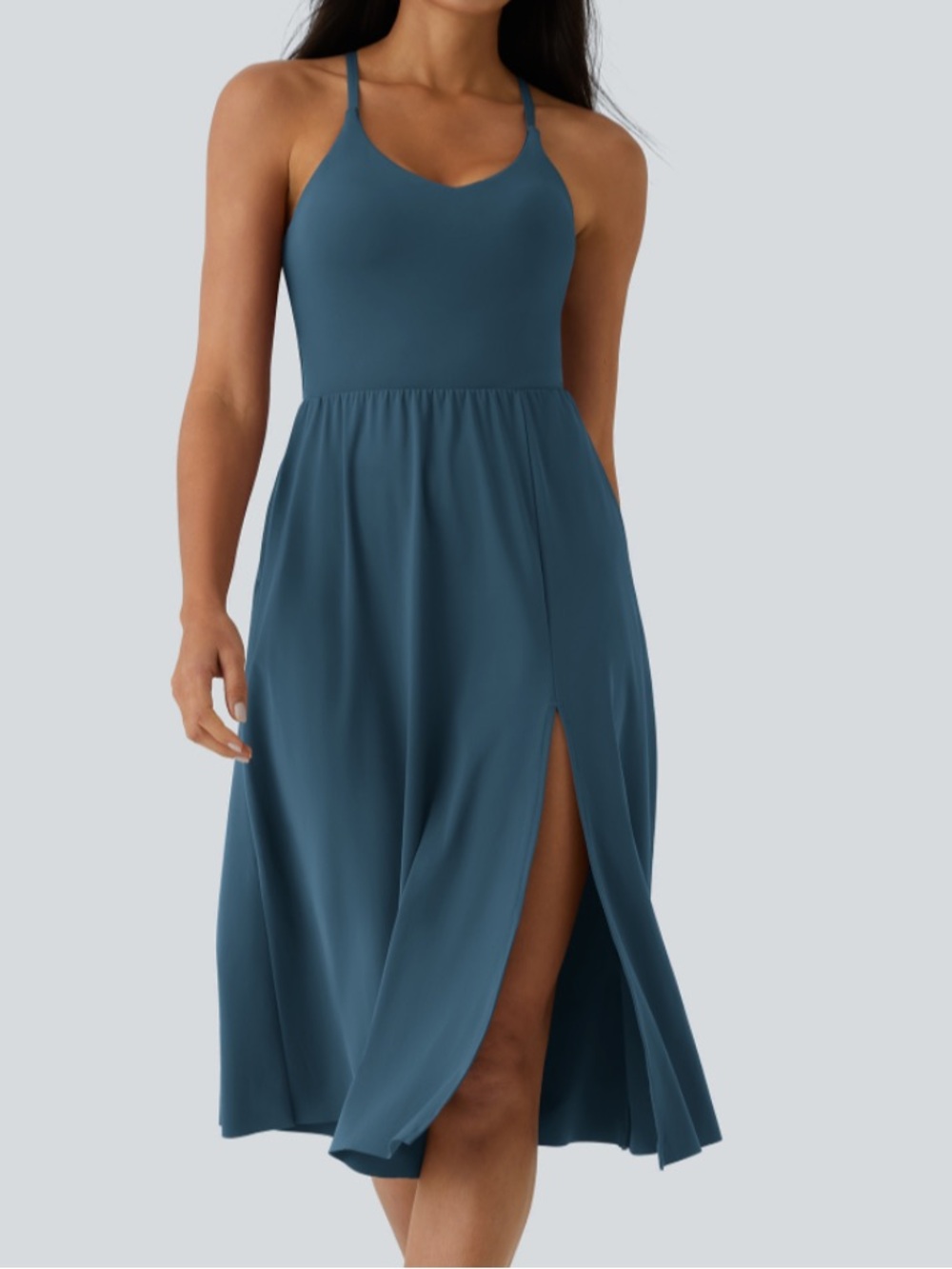 Halara Sleeveless V-Neck Midi Dress with Built-in Bra & Side Slit - Teal